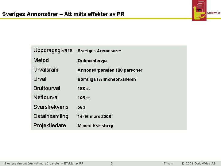 Sveriges Annonsörer – Att mäta effekter av PR Uppdragsgivare Sveriges Annonsörer Metod Onlineintervju Urvalsram