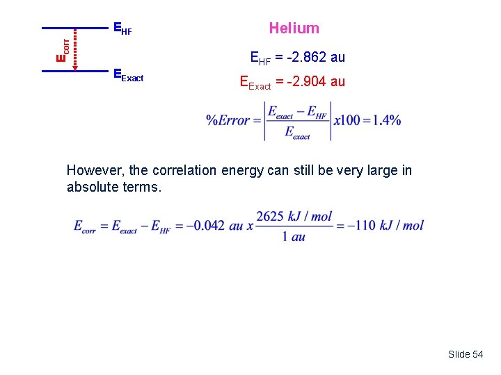 Ecorr EHF EExact Helium EHF = -2. 862 au EExact = -2. 904 au