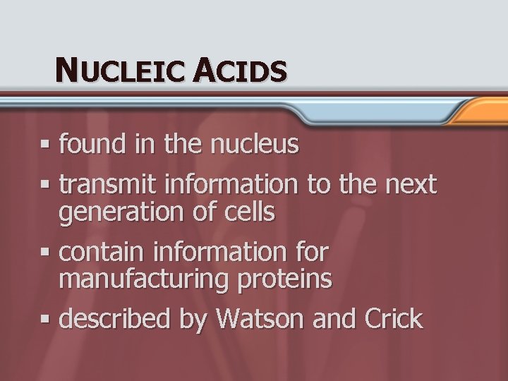 NUCLEIC ACIDS § found in the nucleus § transmit information to the next generation