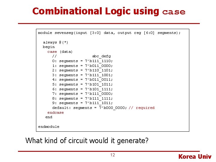 Combinational Logic using case module sevenseg(input [3: 0] data, output reg [6: 0] segments);
