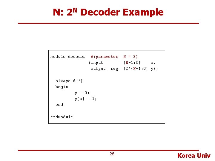 N: 2 N Decoder Example module decoder #(parameter (input output reg N = 3)