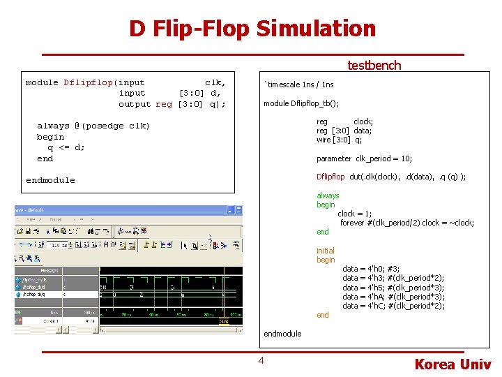 D Flip-Flop Simulation testbench module Dflipflop(input clk, input [3: 0] d, output reg [3: