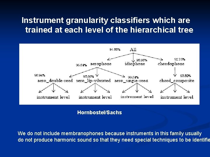 Instrument granularity classifiers which are trained at each level of the hierarchical tree Hornbostel/Sachs