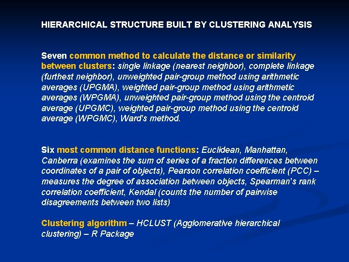 HIERARCHICAL STRUCTURE BUILT BY CLUSTERING ANALYSIS Seven common method to calculate the distance or