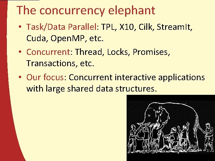 The concurrency elephant • Task/Data Parallel: TPL, X 10, Cilk, Stream. It, Cuda, Open.