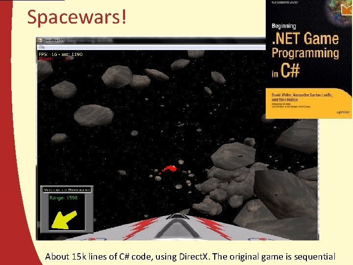 Spacewars! About 15 k lines of C# code, using Direct. X. The original game