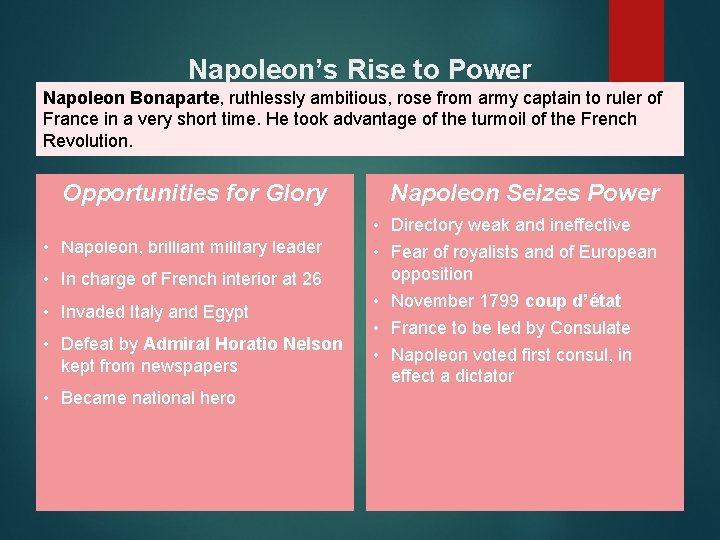 Napoleon’s Rise to Power Napoleon Bonaparte, ruthlessly ambitious, rose from army captain to ruler