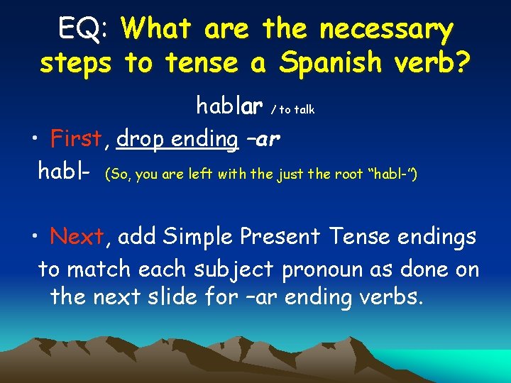 EQ: What are the necessary steps to tense a Spanish verb? hablar / to