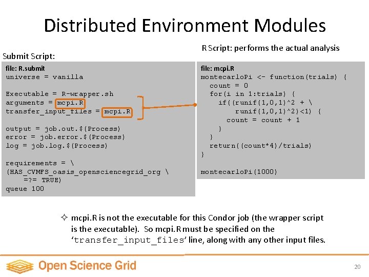 Distributed Environment Modules R Script: performs the actual analysis Submit Script: file: R. submit