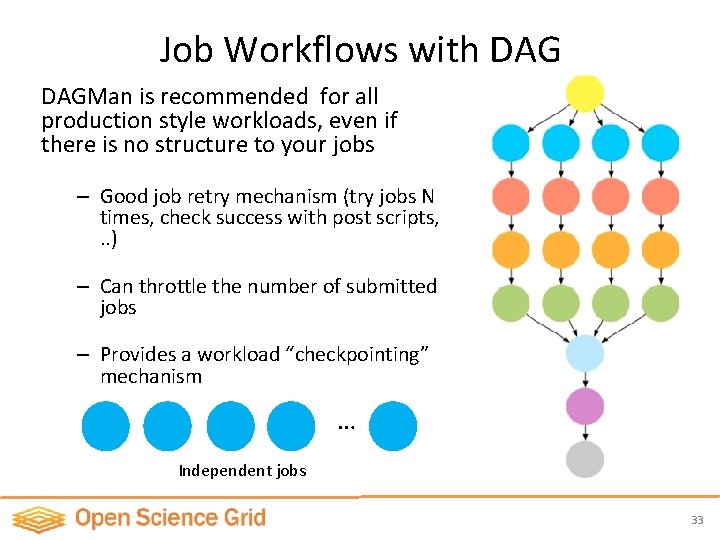 Job Workflows with DAGMan is recommended for all production style workloads, even if there