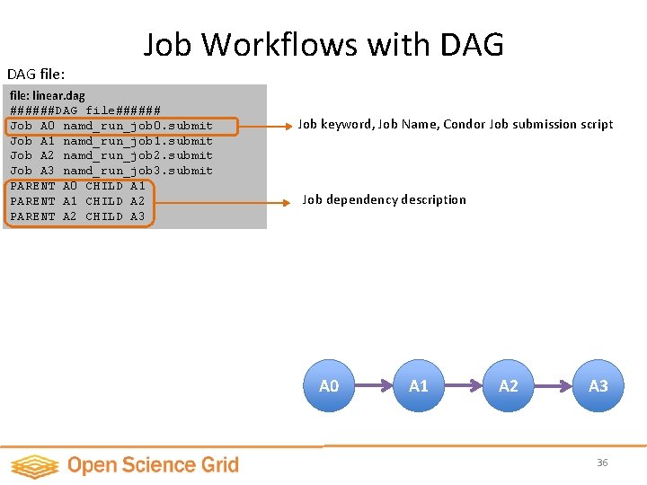 DAG file: Job Workflows with DAG file: linear. dag ######DAG file###### Job A 0