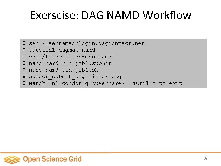 Exerscise: DAG NAMD Workflow $ $ $ $ ssh <username>@login. osgconnect. net tutorial dagman-namd