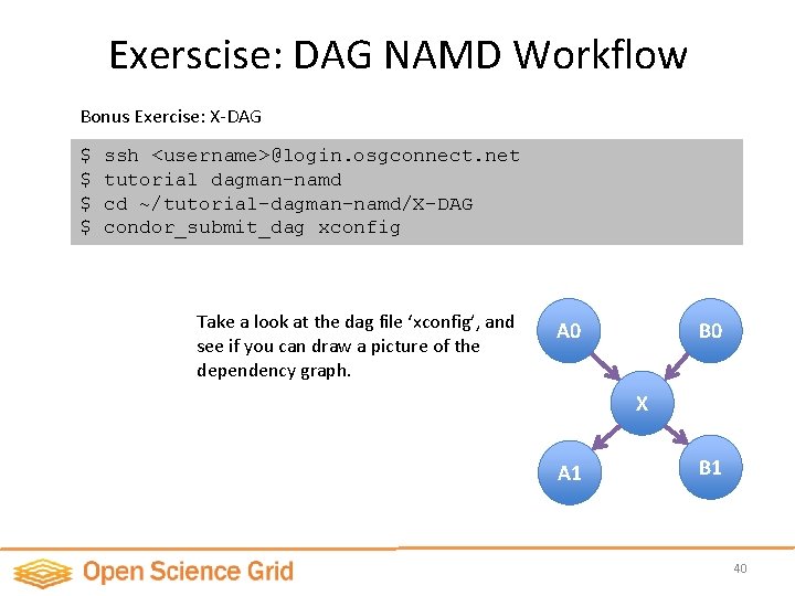 Exerscise: DAG NAMD Workflow Bonus Exercise: X-DAG $ $ ssh <username>@login. osgconnect. net tutorial