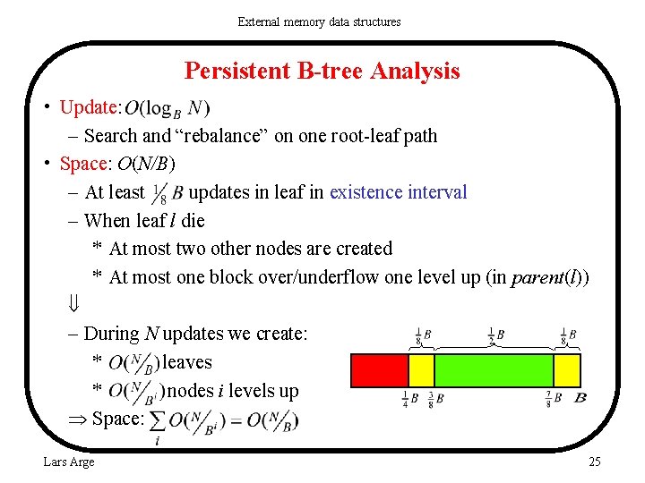 External memory data structures Persistent B-tree Analysis • Update: – Search and “rebalance” on