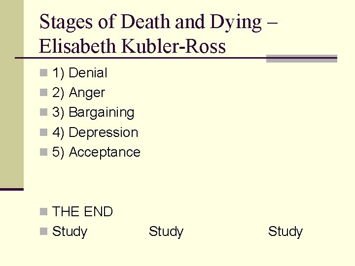 Stages of Death and Dying – Elisabeth Kubler-Ross n 1) Denial n 2) Anger