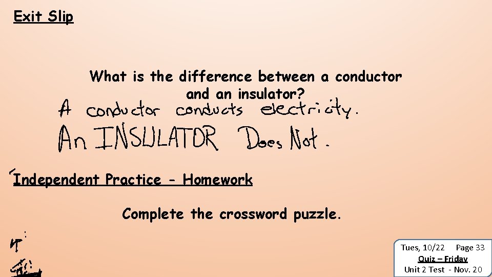 Exit Slip What is the difference between a conductor and an insulator? Independent Practice