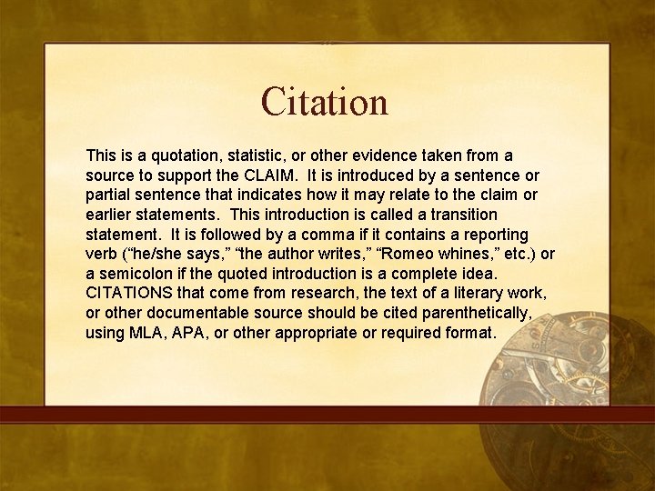 Citation This is a quotation, statistic, or other evidence taken from a source to