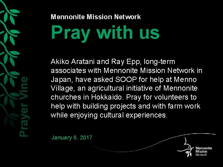 Mennonite Mission Network Prayer Vine Pray with us Akiko Aratani and Ray Epp, long-term