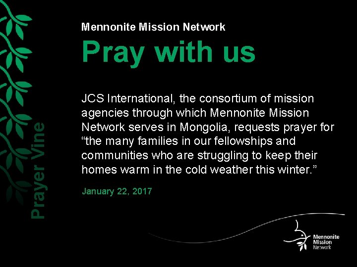 Mennonite Mission Network Prayer Vine Pray with us JCS International, the consortium of mission