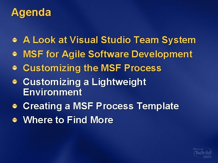 Agenda A Look at Visual Studio Team System MSF for Agile Software Development Customizing