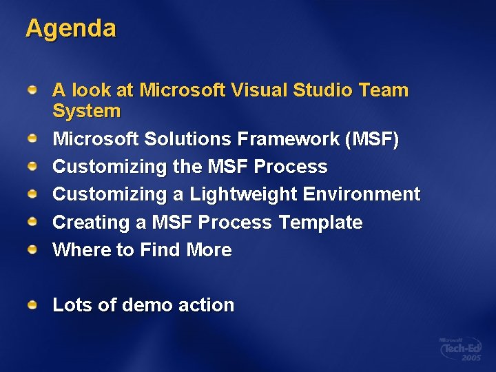 Agenda A look at Microsoft Visual Studio Team System Microsoft Solutions Framework (MSF) Customizing