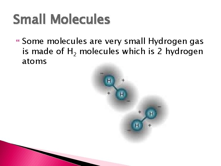 Small Molecules Some molecules are very small Hydrogen gas is made of H 2