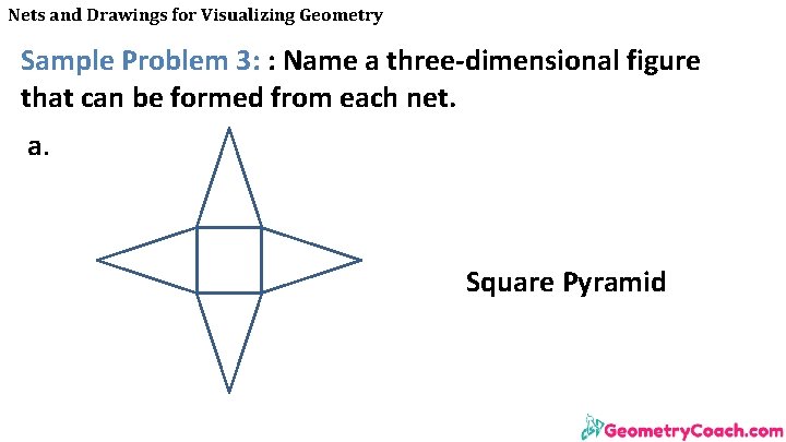 Nets and Drawings for Visualizing Geometry Sample Problem 3: : Name a three-dimensional figure