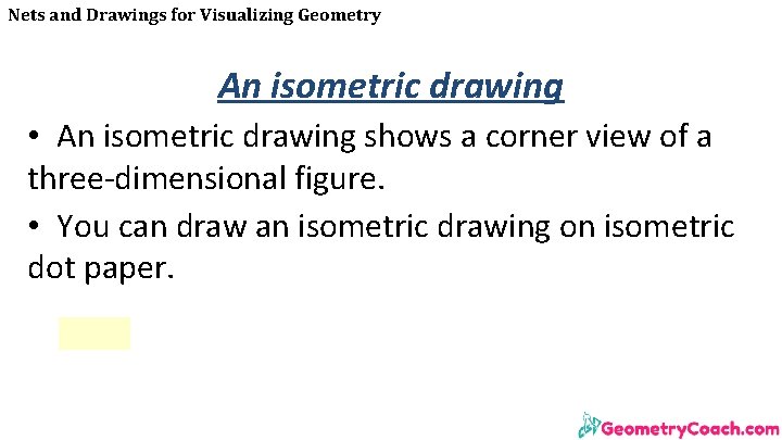 Nets and Drawings for Visualizing Geometry An isometric drawing • An isometric drawing shows