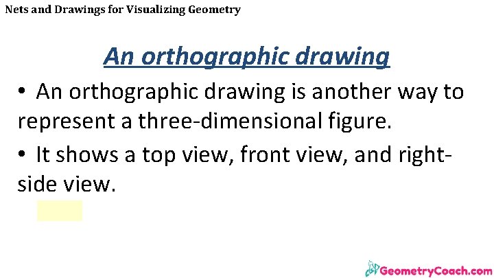 Nets and Drawings for Visualizing Geometry An orthographic drawing • An orthographic drawing is