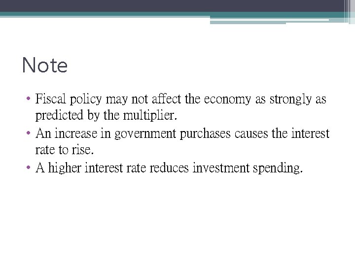 Note • Fiscal policy may not affect the economy as strongly as predicted by