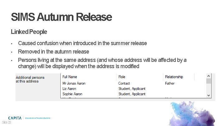 SIMS Autumn Release Linked People • • • Slide 23 Caused confusion when introduced