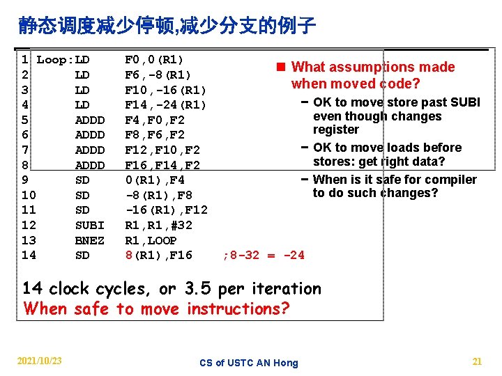 静态调度减少停顿, 减少分支的例子 1 Loop: LD 2 LD 3 LD 4 LD 5 ADDD 6