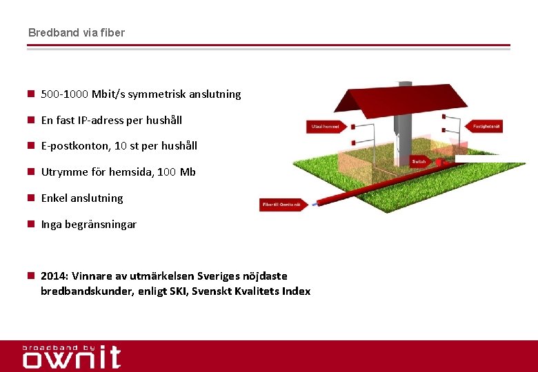 Bredband via fiber n 500 -1000 Mbit/s symmetrisk anslutning n En fast IP-adress per