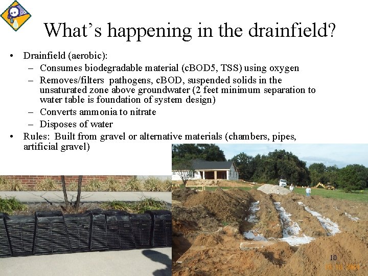 What’s happening in the drainfield? • Drainfield (aerobic): – Consumes biodegradable material (c. BOD