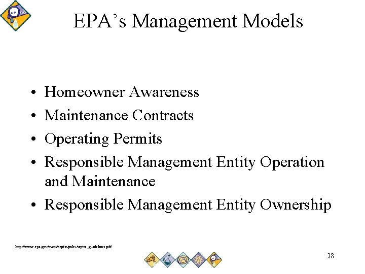 EPA’s Management Models • • Homeowner Awareness Maintenance Contracts Operating Permits Responsible Management Entity