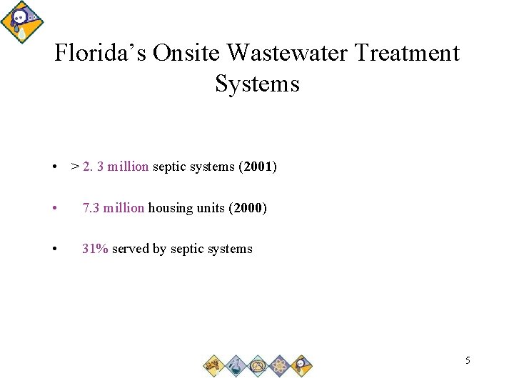 Florida’s Onsite Wastewater Treatment Systems • > 2. 3 million septic systems (2001) •