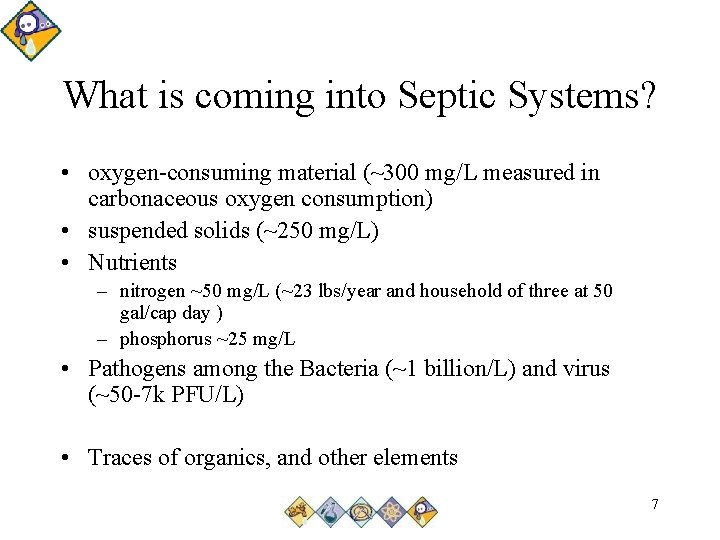 What is coming into Septic Systems? • oxygen-consuming material (~300 mg/L measured in carbonaceous