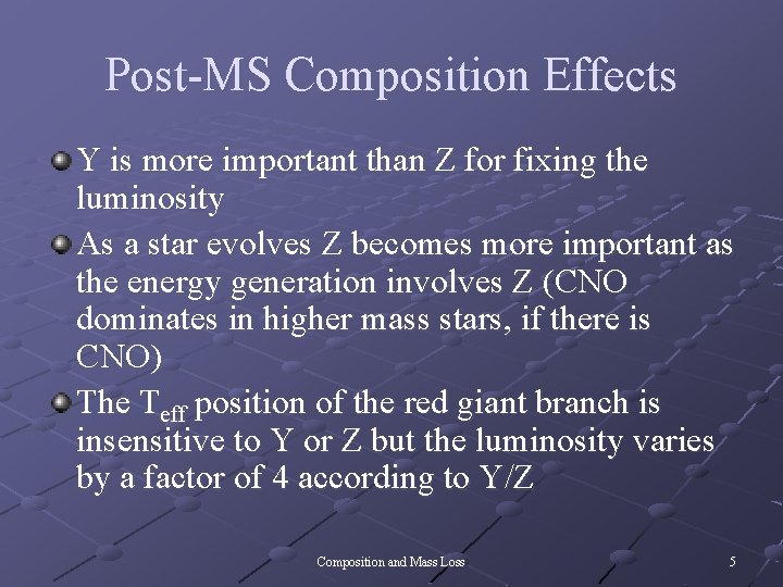 Post-MS Composition Effects Y is more important than Z for fixing the luminosity As