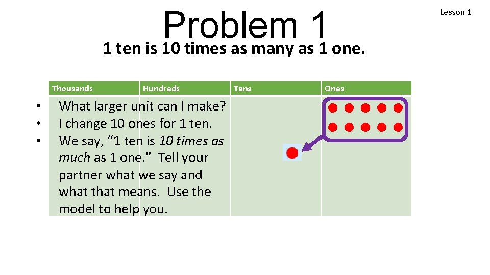 Problem 1 1 ten is 10 times as many as 1 one. Thousands •