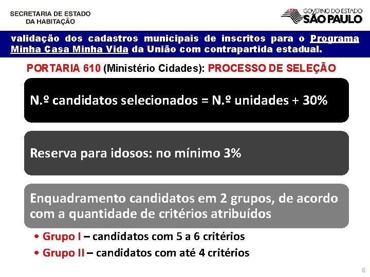 validação dos cadastros municipais de inscritos para o Programa Minha Casa Minha Vida da