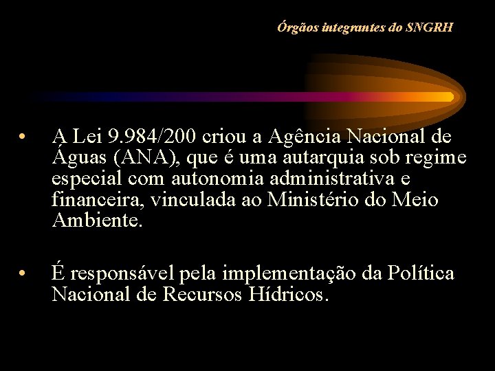 Órgãos integrantes do SNGRH • A Lei 9. 984/200 criou a Agência Nacional de