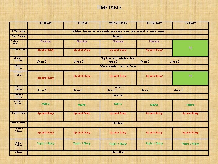TIMETABLE MONDAY TUESDAY WEDNESDAY THURSDAY 8. 55 am -9 am Children line up on