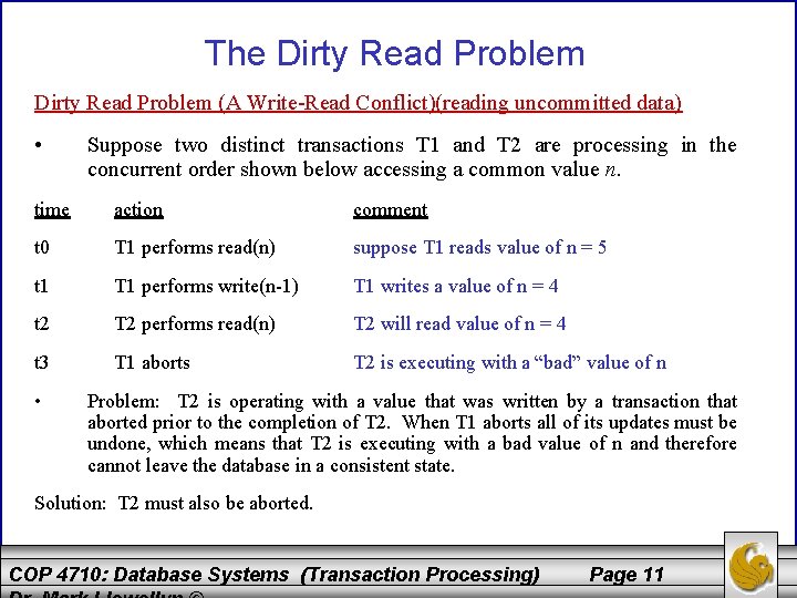 The Dirty Read Problem (A Write-Read Conflict)(reading uncommitted data) • Suppose two distinct transactions