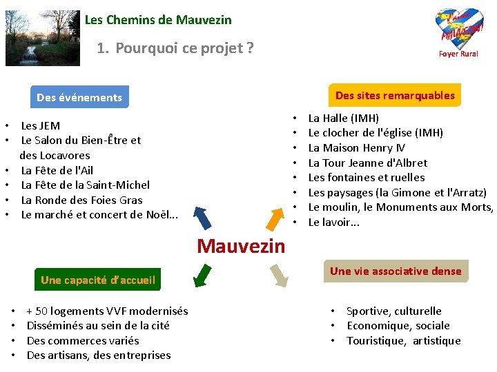 Les Chemins de Mauvezin 1. Pourquoi ce projet ? Foyer Rural Des sites remarquables
