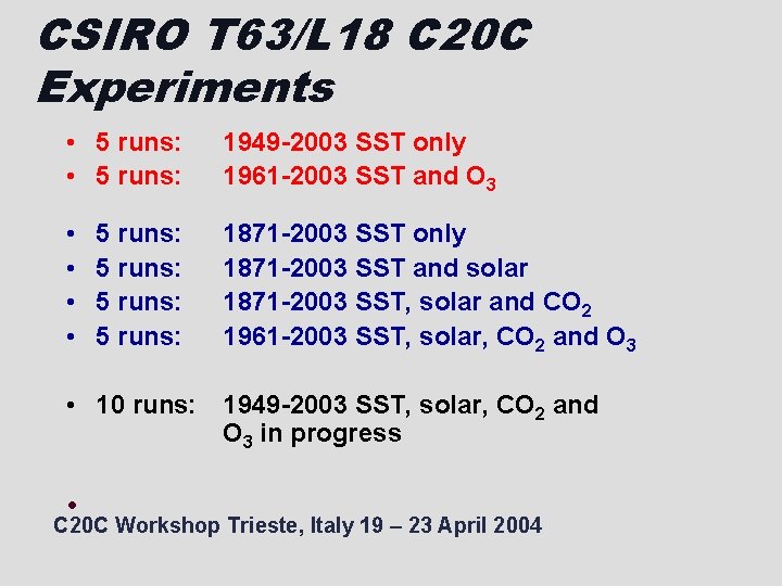 CSIRO T 63/L 18 C 20 C Experiments • 5 runs: 1949 -2003 SST