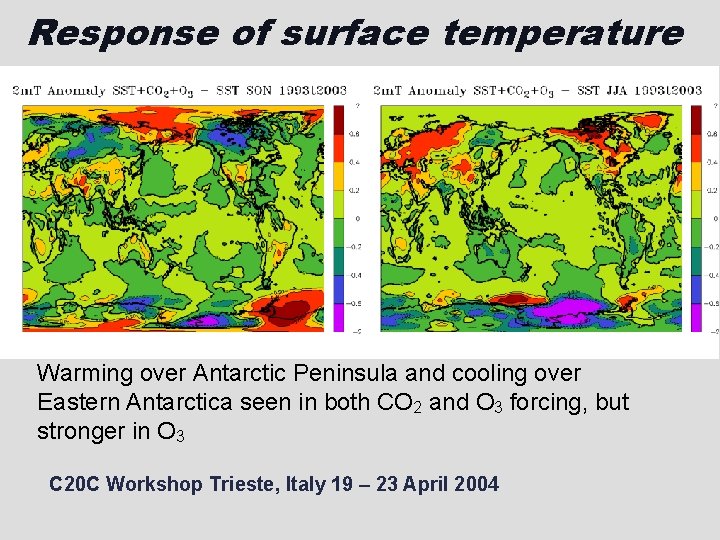 Response of surface temperature Warming over Antarctic Peninsula and cooling over Eastern Antarctica seen