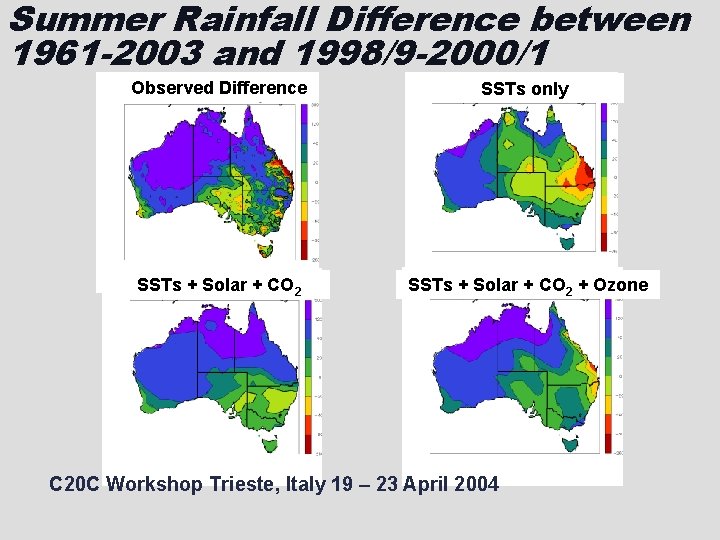 Summer Rainfall Difference between 1961 -2003 and 1998/9 -2000/1 Observed Difference SSTs only SSTs