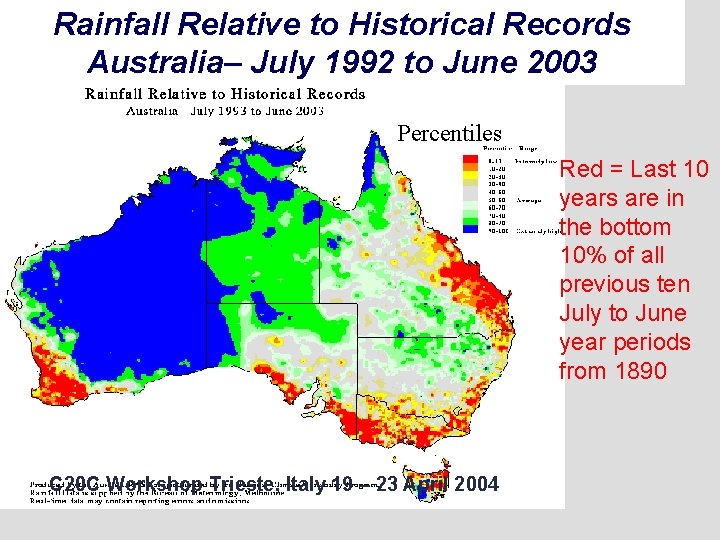 Rainfall Relative to Historical Records Australia– July 1992 to June 2003 Percentiles Red =