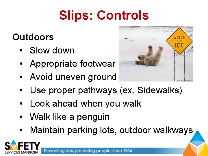 Slips: Controls Outdoors • Slow down • Appropriate footwear • Avoid uneven ground •