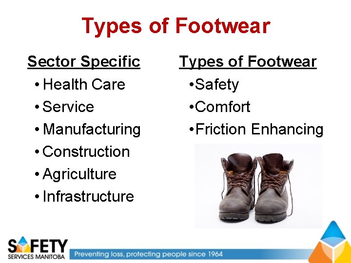 Types of Footwear Sector Specific • Health Care • Service • Manufacturing • Construction